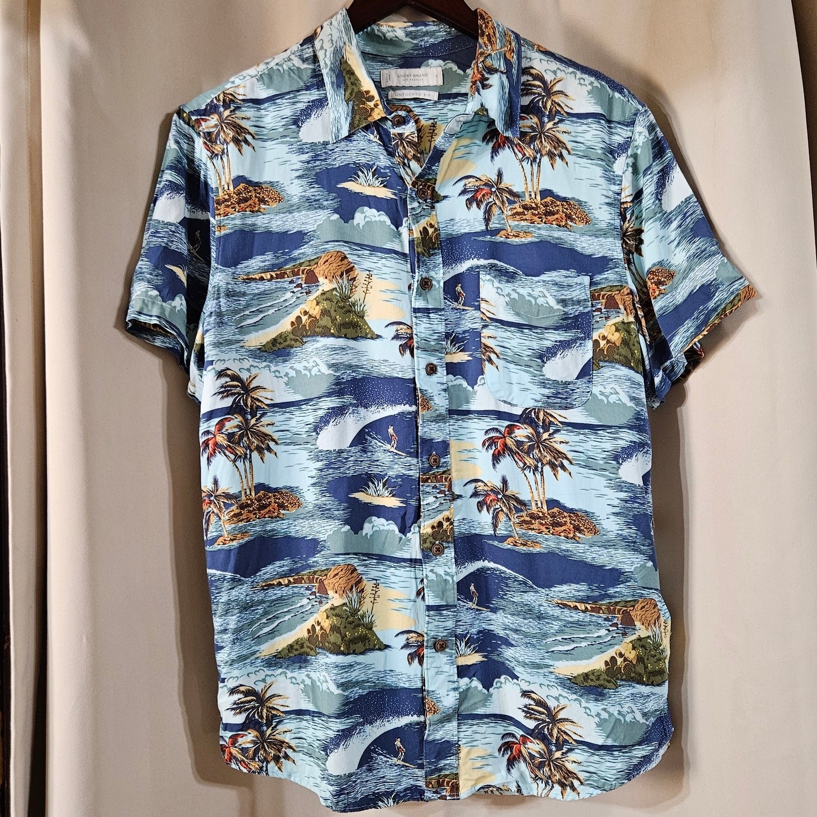 Lucky Brand Mens Small Untucked Fit Tropical Surfer Scenic Viscose Shirt Blue